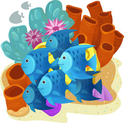 Obraz na płótnie Canvas cartoon scene with coral reef with swimming cheerful fish isolated element illustration for children