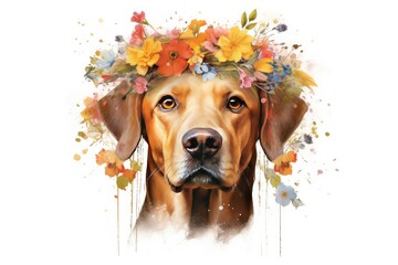 dog with a wreath of flowers