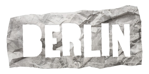 Berlin city name cut out of crumpled newspaper in retro stencil style isolated on transparent background - obrazy, fototapety, plakaty