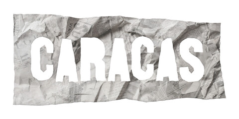 Caracas city name cut out of crumpled newspaper in retro stencil style isolated on transparent background