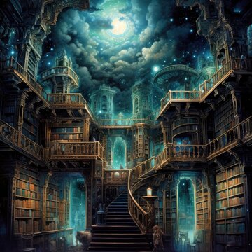 a library set in a sky painting with many shelves Generative Ai © Mingleo