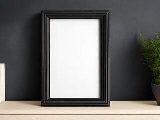 Vertical wooden photo frame display on a dark panel mockup