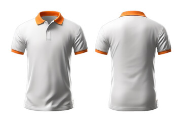 plain white polo shirt mockup design. with an orange collar. front and rear view. isolated on transparent background. generative ai
