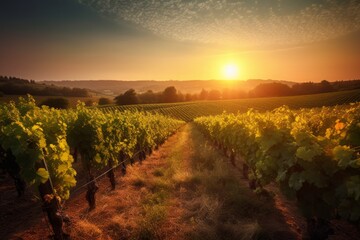 Fototapeta premium Vineyards at sunset, Generative ai