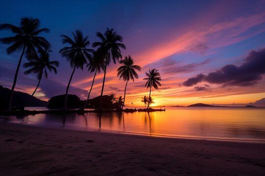 Get lost in the breathtaking beauty of a tropical paradise with this captivating image. Against the backdrop of a mesmerizing sunset, silhouettes of majestic palm trees stand tall