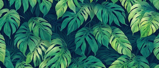 Naklejka na ściany i meble Abstract foliage and botanical background. Green tropical forest wallpaper of monstera leaves, palm, branches in hand drawn pattern. Exotic plants background for banner, prints. Generative AI