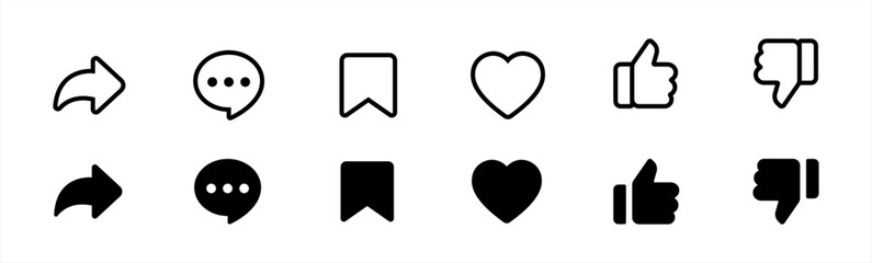 social media interface icon set in line style. like, unlike, comment, share, message, thumb and save simple black style symbol sign for apps and website, vector illustration. - obrazy, fototapety, plakaty