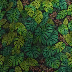 Naklejka na ściany i meble Abstract foliage and botanical background. Green tropical forest wallpaper of monstera leaves, palm, branches in hand drawn pattern. Exotic plants background for banner, prints. Generative AI
