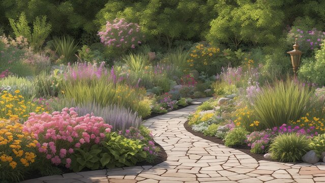 An Illustration Of A Dynamically Composed Garden With A Pathway