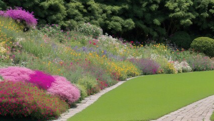 A Scene Of A Unique Garden With A Path And Lots Of Flowers