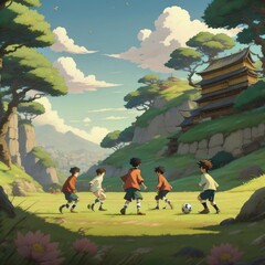 group of children playing soccer