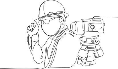 Close up of Caucasian worker with helmet on head using tablet for work while standing in warehouse. Surveyor with a tripod icon. Geodesic tripod. Vector illustration