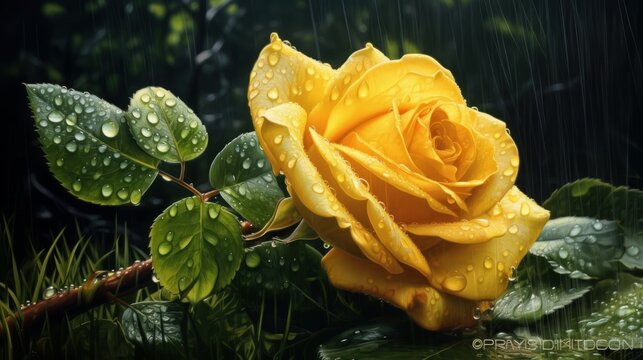 Generative AI in the Style of Massurrealism: Glorious Yellow Rose with Water Drops on Grass - A Lovely Romantic Scenery