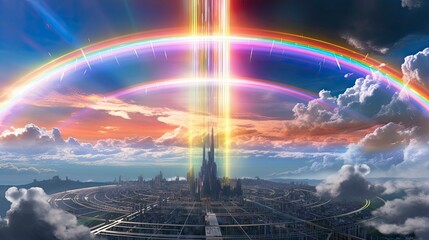 over a rainbow in the sky, in the style of futuristic spacescapes Generative Ai