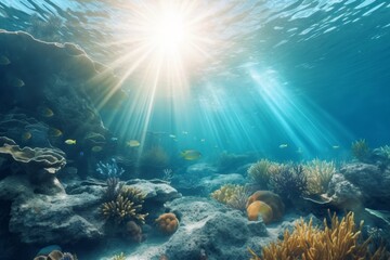 Fototapeta premium Underwater scene tropical seabed with reef and sunshine, Generative ai