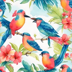 tiling, watercolor, birds, light background, hand-drawn