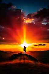 노을진 환상적인 하늘 배경의 남자 실루엣. 인공지능 생성