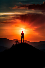 A dramatic silhouette of a person standing on a hill. AI generative