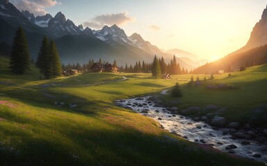 Sunset in the mountains. Generative AI