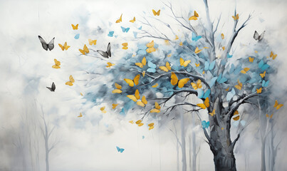 butterfly print art canvas wall art, in the style of ethereal trees, sky-blue and yellow, xu bing, rimel neffati, thomas w schaller, playful, dreamlike imagery, monumental murals. Generative AI