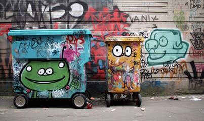 a graffiti covered recycling cart and some graffiti on the wall, in the style of ellen von unwerth, narrative diptychs, doug hyde, street life scenes, childlike innocence, flickr, chalk. Generative AI