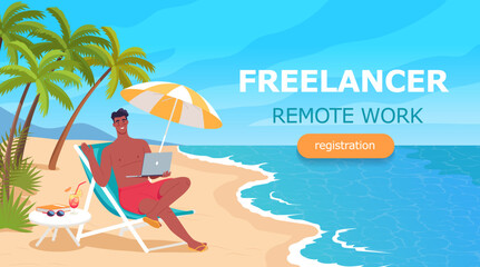 Young man works remotely as a freelancer on a tropical island resourt