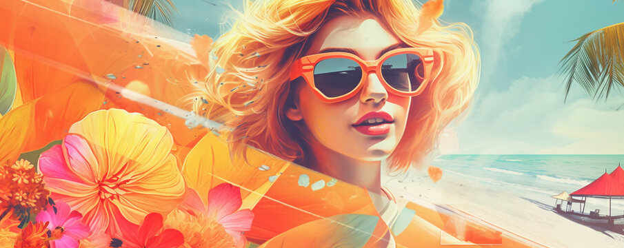 Sunglass Serenade: A Captivating Summer Backdrop of a Woman with Sunglasses against Beaches and Seas, Embracing the Essence of Vacation Bliss. Generative AI