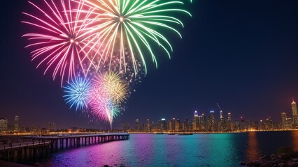 Fototapeta premium A Scene Of A Thoughtfully Composed Fireworks Display In The Night Sky