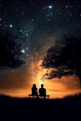 Fototapeta na wymiar Couple sitting and kissing under the stars, beautiful, AI generative