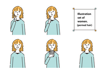 女性　素材　表情　パーマヘア　3色