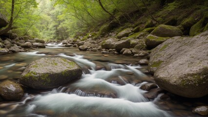A Depiction Of A Beautifully Symmetrical Stream In A Forest With Rocks And Trees