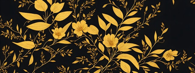 Naklejka na ściany i meble Luxury leaves line art background. Elegant hand drawn foliage and flowers gold line art background Design illustration for decoration, wall decor, wallpaper, cover, banner, poster, card. Generative AI