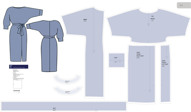 Dress with one piece sleeve sewing pattern with O-neck, cuffs and belt. Sizes S-M. All allowances are included.