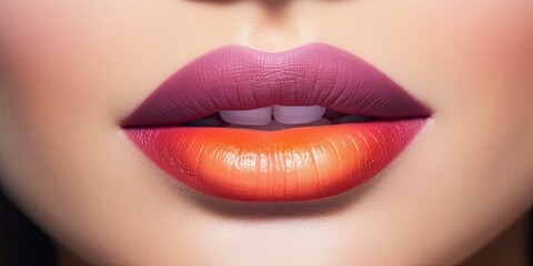 Pink gloss lips with ombre effect. Close-up shot of woman lips with glossy lipstick. Professional Makeup - obrazy, fototapety, plakaty