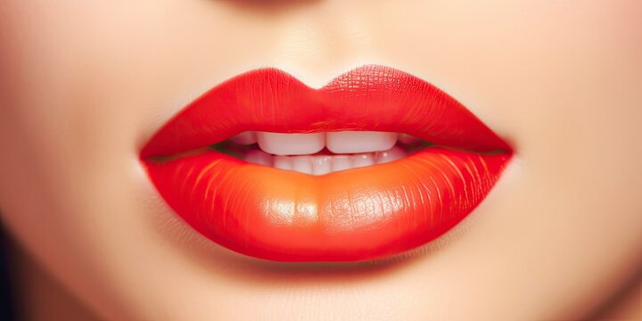 Red gloss lips with ombre effect. Close-up shot of woman lips with glossy lipstick. Professional Makeup