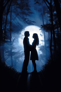 Kissing Couple in the Moonlight Spotlight. AI generative