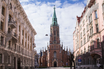Church of St. Gertrude on the streets of Riga, Latvia on a sunny day