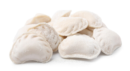 Heap of raw dumplings (varenyky) with tasty filling on white background