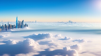 A Captivatingly Energetic City Skyline In The Clouds With A Bright Sun
