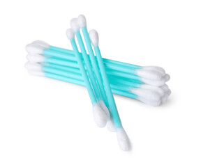 Many clean cotton buds on white background