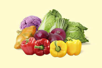 Many different fresh vegetables on beige background