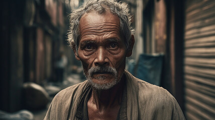 スラム街に住む浮浪者・ホームレス・物乞いの高齢者男性