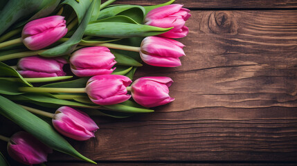 Bouquet of pink tulips flowers on vintage wooden background. Created with Generative AI technology.