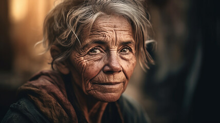 スラム街に住む浮浪者・ホームレス・物乞いの高齢者女性（Generative AI）
 - obrazy, fototapety, plakaty