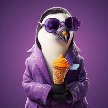 a penguin wearing sunglasses and holding an ice cream cone in front of it's face, with the capt that says i am. Generative Ai