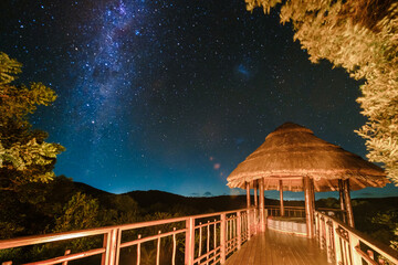 luxury safari, South Africa, a luxury safari lodge in the bush of a Game reserve at night with stars milky way in the sky at night - obrazy, fototapety, plakaty