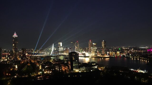 Night Panorama of Rotterdam, Netherlands. Rotterdam, The Netherlands - Aprill, 2023: City Scape,