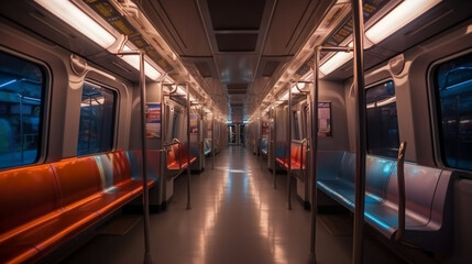 Fototapeta premium The interior of the metro train compartment, with bright lights, clean aesthetic, future style, AI generative