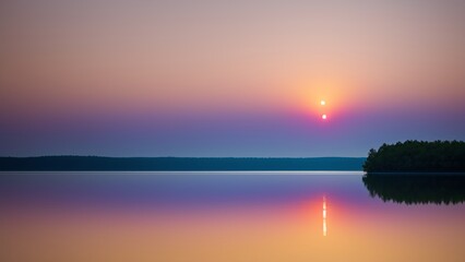 Obraz premium A Tasteful Sunset Over A Calm Lake With A Small Island