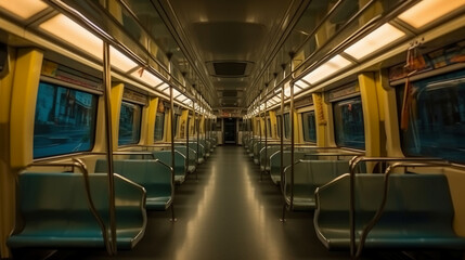 Fototapeta premium The interior of the metro train compartment, with bright lights, clean aesthetic, future style, AI generative